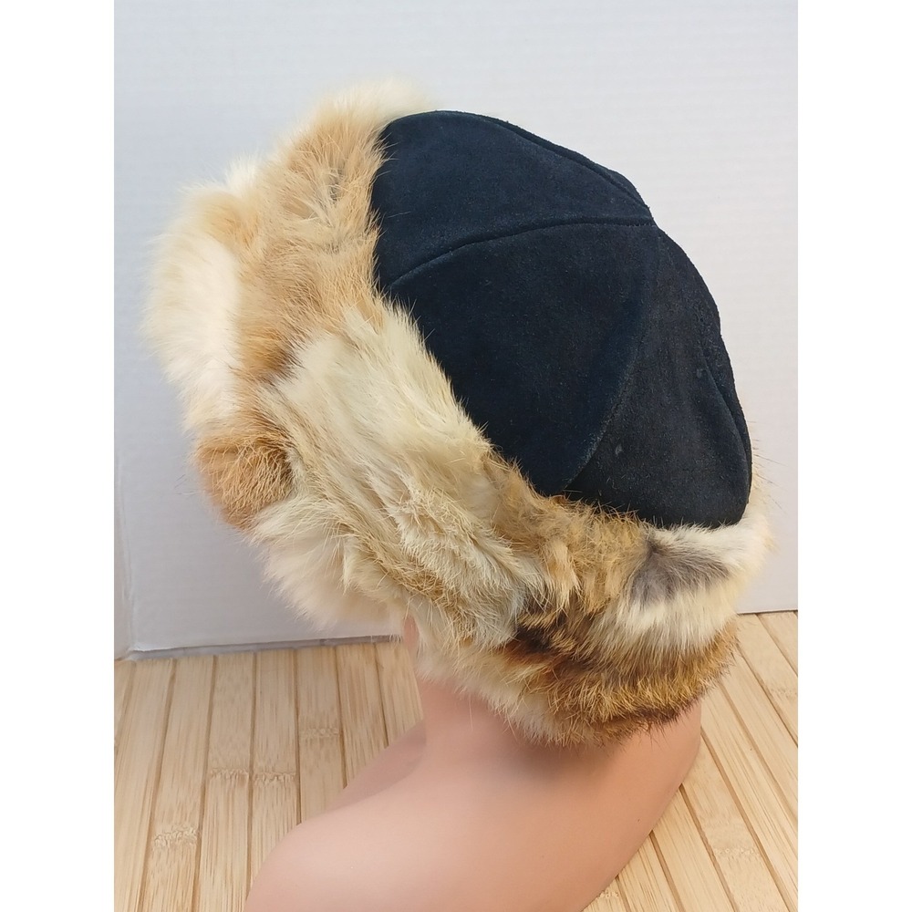 Kathy MFG Co Inc Vintage Genuine Suede and Real Fur Pillbox Hat Black Tan